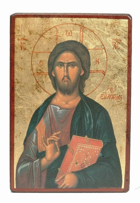 Blessing Christ, icon, lithography on wood, Greek Christian Orthodox Byzantine